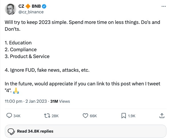 CZ's 2023 resolution tweet